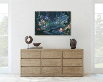 Bioluminescent Forest Pond Canvas Print, Glowing Water Lily Fantasy Wall Art