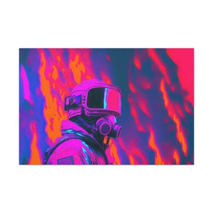 Firefighter VaportWave Art Canvas Art Ready To Hang Large Print, Man Cave, Video Game, Retro, Synthwave, Neon
