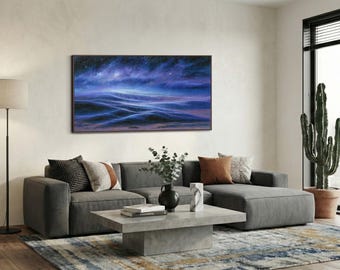 Ethereal Blue Galaxy Ocean Waves Canvas Print, Celestial Abstract Landscape Wall Art