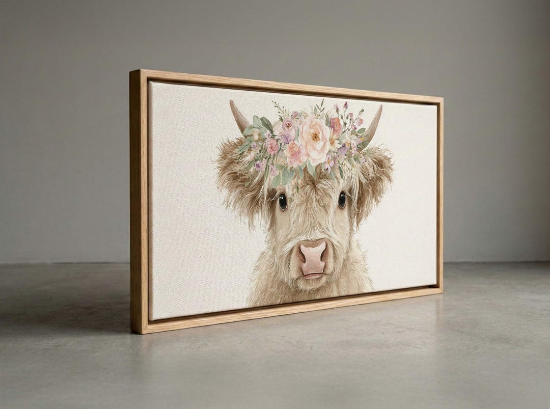 Boho Highland Cow Watercolor Floral Portrait Canvas Print - Etsy