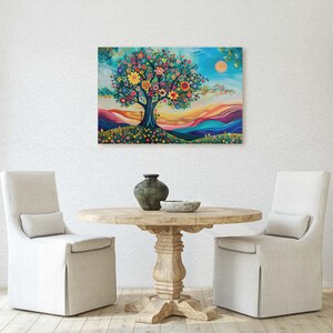May include: A colorful painting of a tree with flowers in bloom, set against a backdrop of rolling hills and a bright blue sky. The sun is shining brightly in the sky, and the tree is surrounded by a field of flowers.