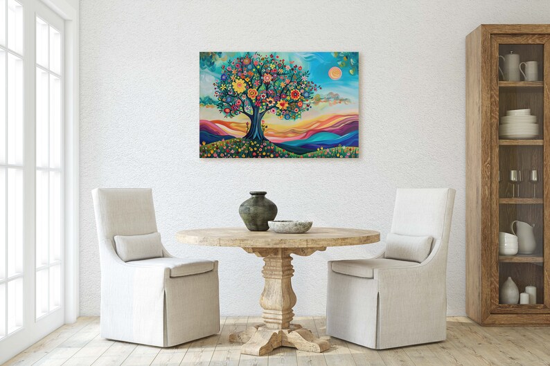 May include: A colorful painting of a tree with flowers in bloom, set against a backdrop of rolling hills and a bright blue sky. The sun is shining brightly in the sky, and the tree is surrounded by a field of flowers.