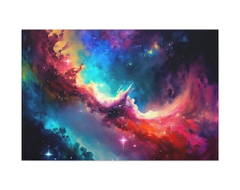 Colorful Nebula Canvas Art Ready To Hang Large Print, Night Sky, Star Sky, Space Art, Watercolor, Oil Painting