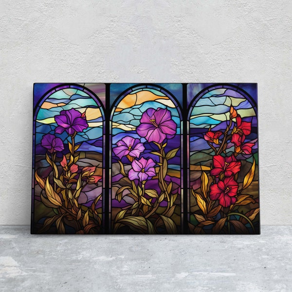 Stained Glass Flowers, Flower Portraits, Wildflowers, Framed Canvas, Vivid Color, Bright