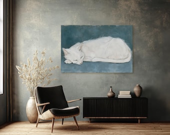 Sleeping White Cat Canvas Print, Sketch Style Feline Portrait Wall Art