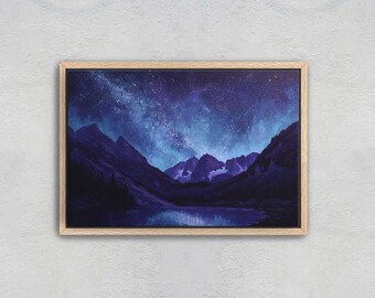 Celestial Mountain Peaks Painting, Purple Galaxy Night Sky canvas print