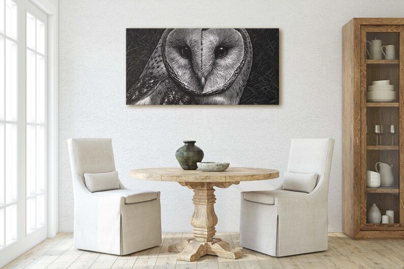 Black and White Owl Canvas Print, Scratchboard Style Barn Owl Art ...