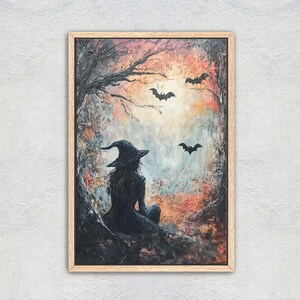 Witch and Bats Canvas: Creepy Gothic Decor (Matte Cotton Print) image 3