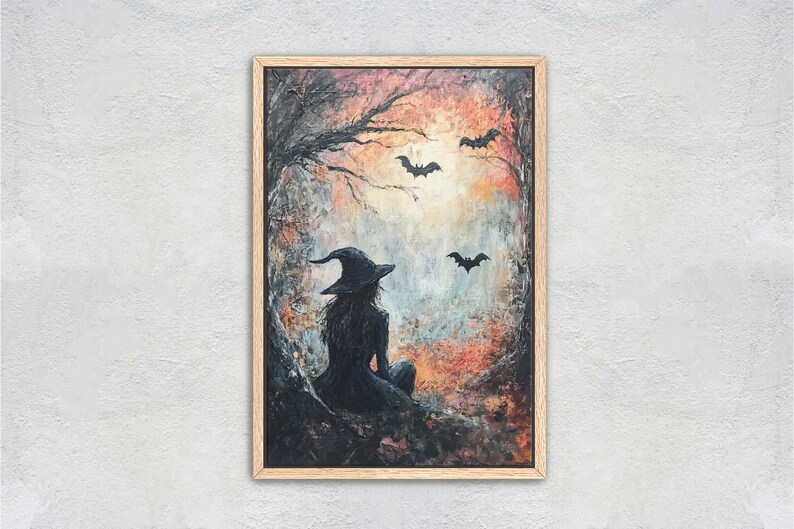 Witch and Bats Canvas: Creepy Gothic Decor (Matte Cotton Print) image 3