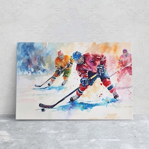 Hockey Painting, Watercolor Hockey, Sport Painting, Colorful Decor, Gift For Him, Framed Canvas, Kids Room, Boys Room