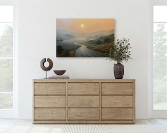 Golden Sunrise Mountain Road Canvas Print, Ethereal Valley Morning Landscape