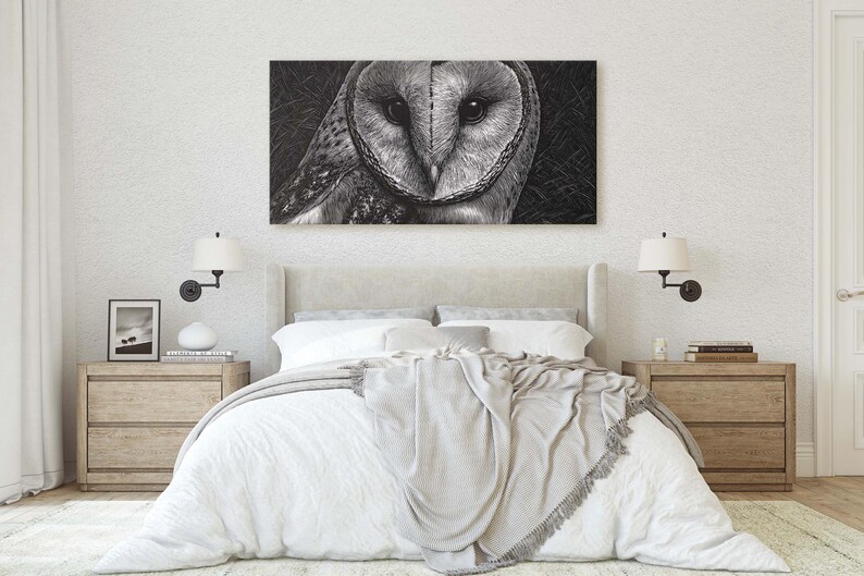 Black and White Owl Canvas Print, Scratchboard Style Barn Owl Art ...