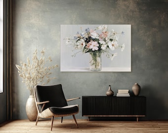 Blush Pink Cosmos Flowers Canvas Print, Sweet Pea Wildflower Bouquet Wall Art
