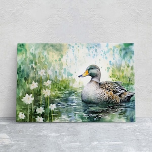 Duck Painting, Duck on Pond, Mallard Duck, Bird Art, Green Pond, Framed Canvas, Large Art Print, Traditional Print, Avian Decor
