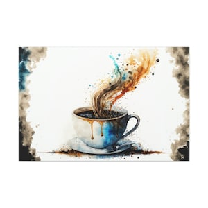 Watercolor Coffee Canvas Art Ready To Hang Large Print, Oil Painting, Colorful, Water Color, Cafe, Kitchen