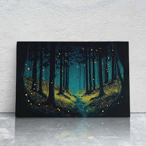 Firefly Forest Canvas Art Ready To Hang Large Print, Oil Painting, Ethereal, colorful, Mysterious