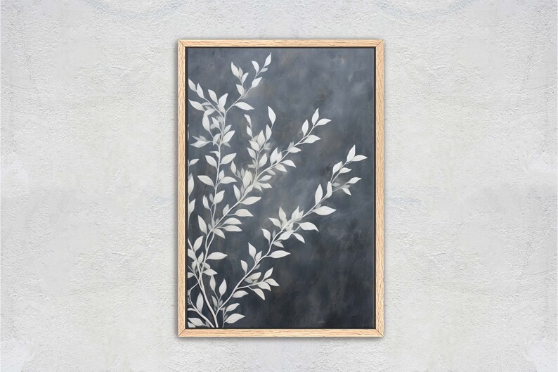 May include: A framed painting with a white floral design on a dark blue background.