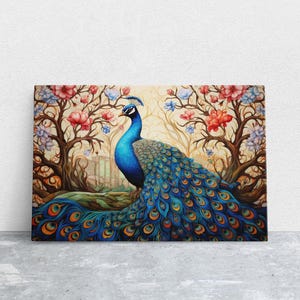 Peacock Painting, Colorful Art, Vibrant Decor, Peacock Wall Art, Framed Canvas image 1