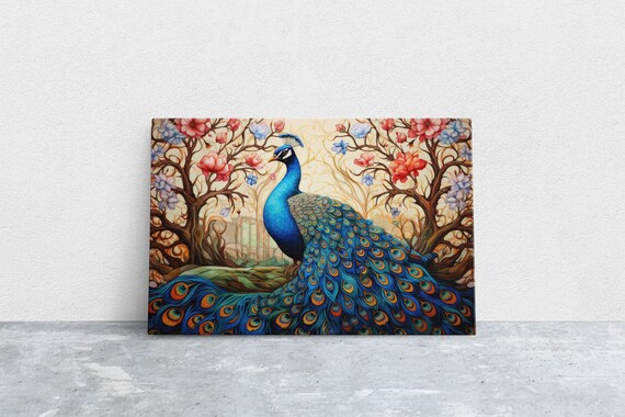 Peacock Painting,  Colorful Art, Vibrant Decor, Peacock Wall Art, Framed Canvas