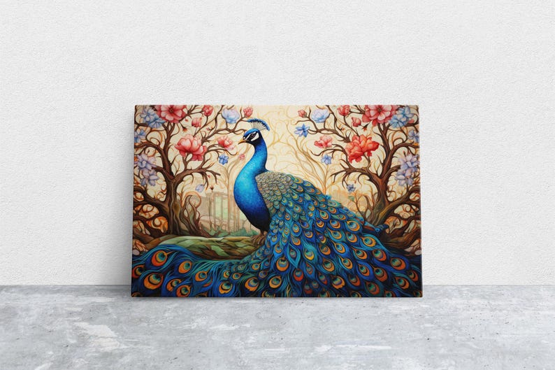 Peacock Painting, Colorful Art, Vibrant Decor, Peacock Wall Art, Framed Canvas image 1