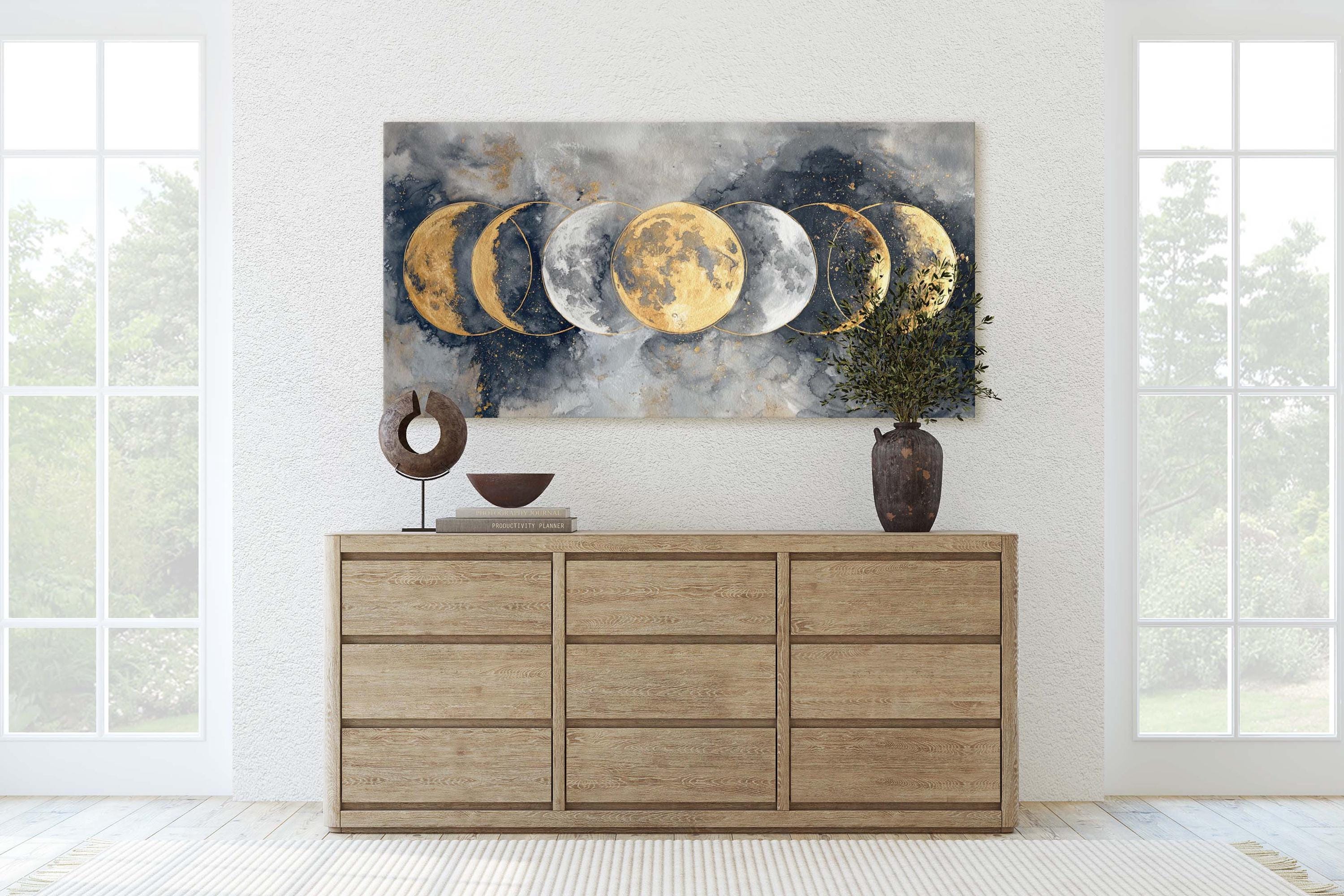 Blue Grey Moon Phases Canvas Print, Abstract Celestial Art, Gold Accent ...