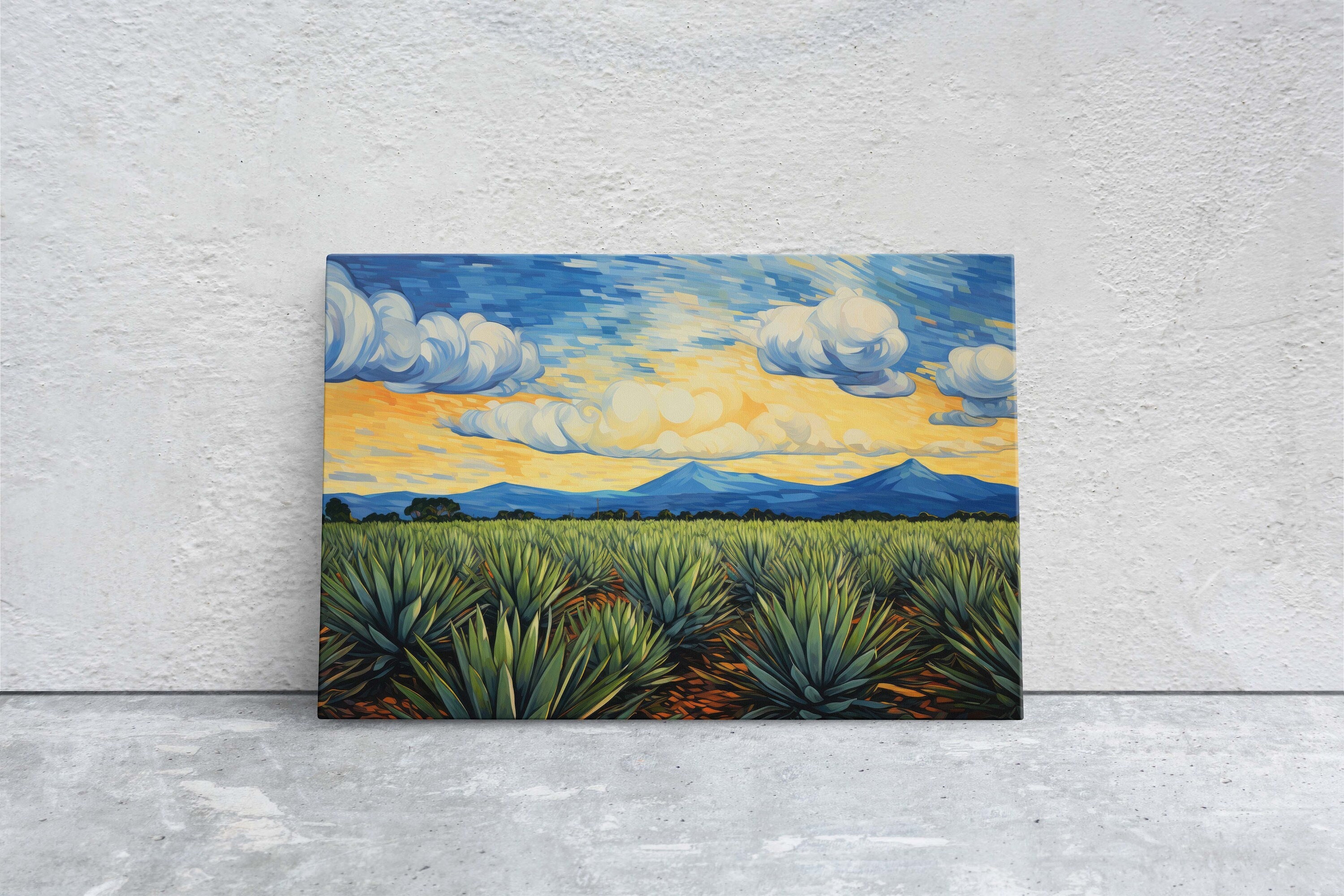 Agave Field on Canvas, Blue Mountains, Sunrise Sunset, Retro Vintage, Mid Century Modern