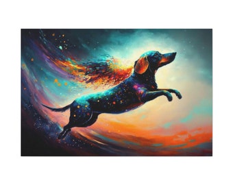 Flying Dachshund Canvas Art Ready To Hang Large Print, Oil Painting, Ethereal, colorful, Space