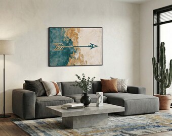 Modern Industrial Arrow Canvas Print Teal and Gold Rustic Wall Art