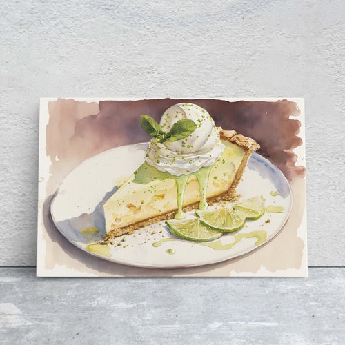 Watercolor Key Lime Pie, Dessert Art, Kitchen Wall Art, Dining Room Art, Ready To Hang, Large Print, Restaurant Print, Bakery Decor