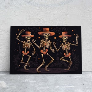 Dancing Skeletons On Canvas, Spooky Decor, Halloween Art, Day of the Dead, Cute Gothic, Macabre Art, Framed Canvas