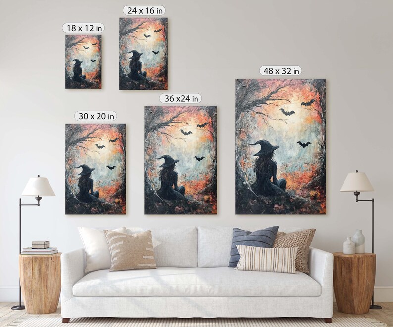 Witch and Bats Canvas: Creepy Gothic Decor (Matte Cotton Print) image 8