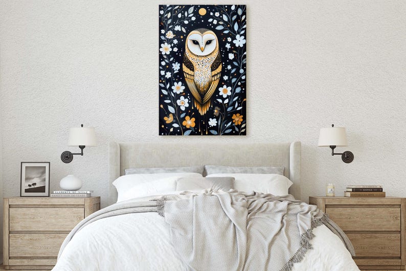 May include: A painting of a barn owl with golden brown feathers, perched in a dark forest with white flowers and gold accents. The owl has large, bright yellow eyes and a white face.