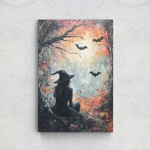 Witch and Bats Canvas: Creepy Gothic Decor (Matte Cotton Print) image 5