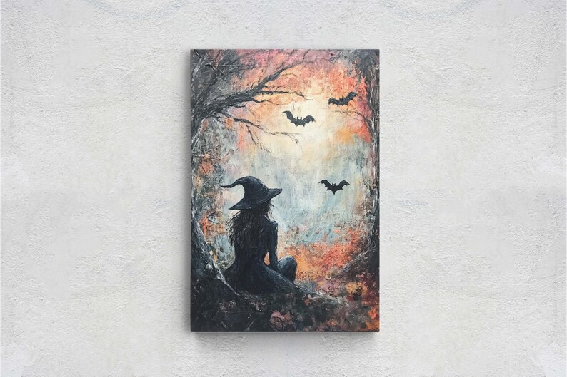 Witch and Bats Canvas: Creepy Gothic Decor (Matte Cotton Print) image 5
