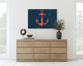 Vintage Red Anchor Canvas Print Rustic Navy Blue Maritime Wall Decor