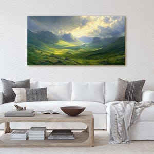 May include: A panoramic landscape photograph of a valley with green hills and mountains under a cloudy sky. The sun is shining through the clouds, creating a bright light in the center of the image.