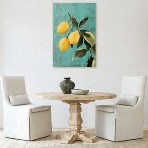 May include: A painting of a lemon branch with three lemons on a turquoise background. The lemons are yellow and the leaves are green.