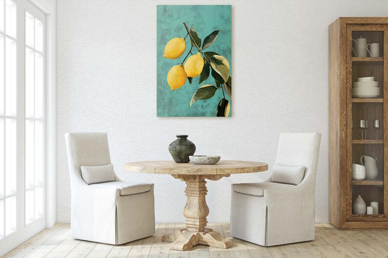 May include: A painting of a lemon branch with three lemons on a turquoise background. The lemons are yellow and the leaves are green.