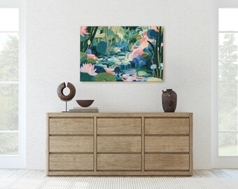 Water Lily Pond Canvas Print, Vibrant Whimsical Botanical Garden Wall Art