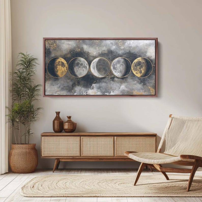 Black and Gold Moon Phases Canvas Print, Celestial Wall Art, Abstract ...