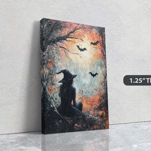 Witch and Bats Canvas: Creepy Gothic Decor (Matte Cotton Print) image 2