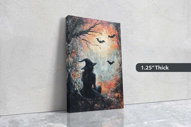 Witch and Bats Canvas: Creepy Gothic Decor (Matte Cotton Print) image 2
