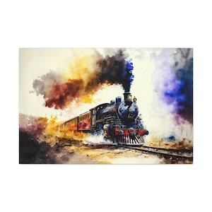 Train Watercolor Canvas Art Ready To Hang Large Print, Oil Painting, Colorful, Water Color, Steam
