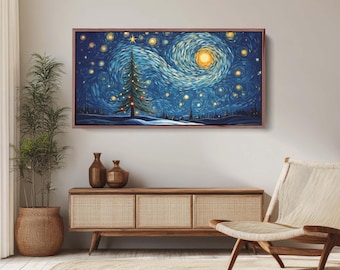 Starry Night Christmas, Christmas Tree, Pine Tree, Winter Decor, Festive Art, X-mas Print, Framed Canvas