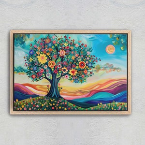 May include: A colorful painting of a tree with a bright blue sky and a yellow sun. The tree is covered in flowers of various colors, including red, yellow, pink, and purple. The background is a landscape of rolling hills in shades of blue, green, and orange.