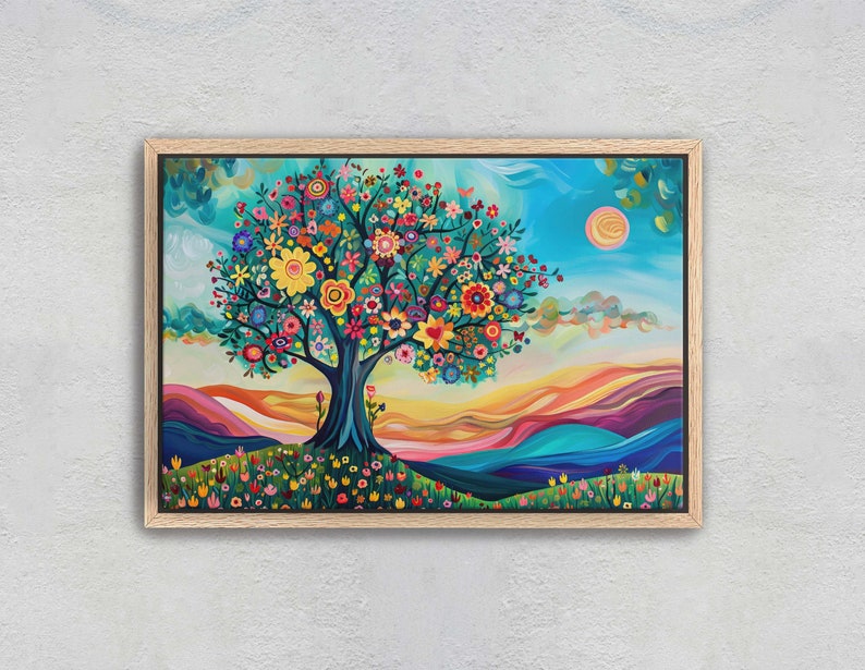 May include: A colorful painting of a tree with a bright blue sky and a yellow sun. The tree is covered in flowers of various colors, including red, yellow, pink, and purple. The background is a landscape of rolling hills in shades of blue, green, and orange.