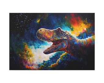 T-Rex Canvas Art Ready To Hang Large Print, Oil Painting, Colorful, tyrannosaurus, Space, Dinosaur