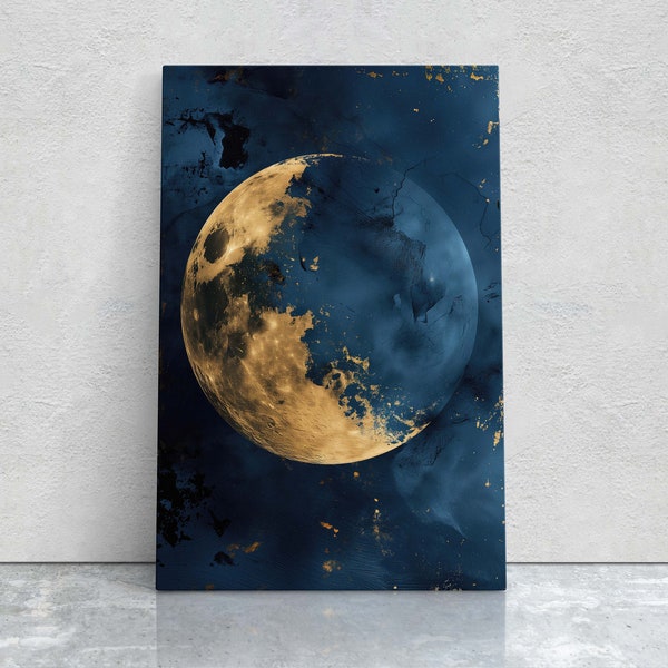 Gold Moon Indigo, Celestial Painting, Gold and Dark Blue, Minimalist Decor, Maximalist Art, Framed Canvas, Space Decor, Night Sky