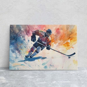 Hockey Painting, Watercolor, Sports Decor, Framed Canvas, Large Print, Gift for Dad, Gift for Him, Kids Room, Boys Room, Husband Gift