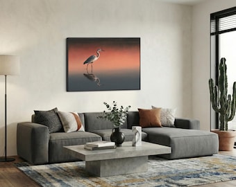 Great Blue Heron at Sunset Canvas Print, Golden Hour Marsh Bird Wall Art